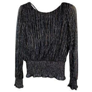 Joie Black Smocked Waist Ballon Sleeve Metallic Evening Low Tie Back Top Size M